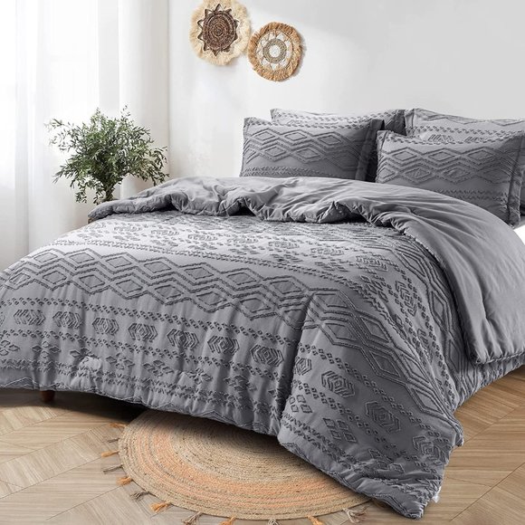 New Comforter Set - Boho Bedding Set, Light Grey Soft Fashion Luxury Bedding Set - Picture 1 of 10